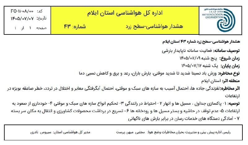 هشدار سطح زرد هواشناسی ایلام