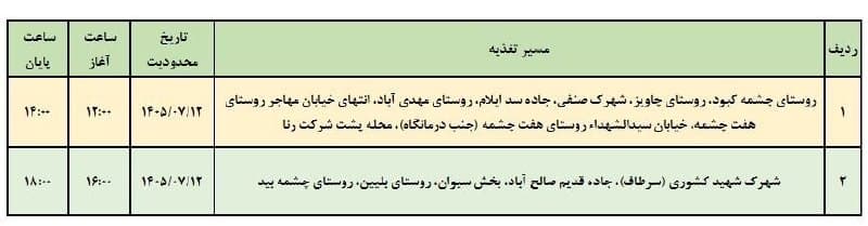 لیست قطعی برق شهرستان ایلام - یکشنبه ۱۲ مهرماه